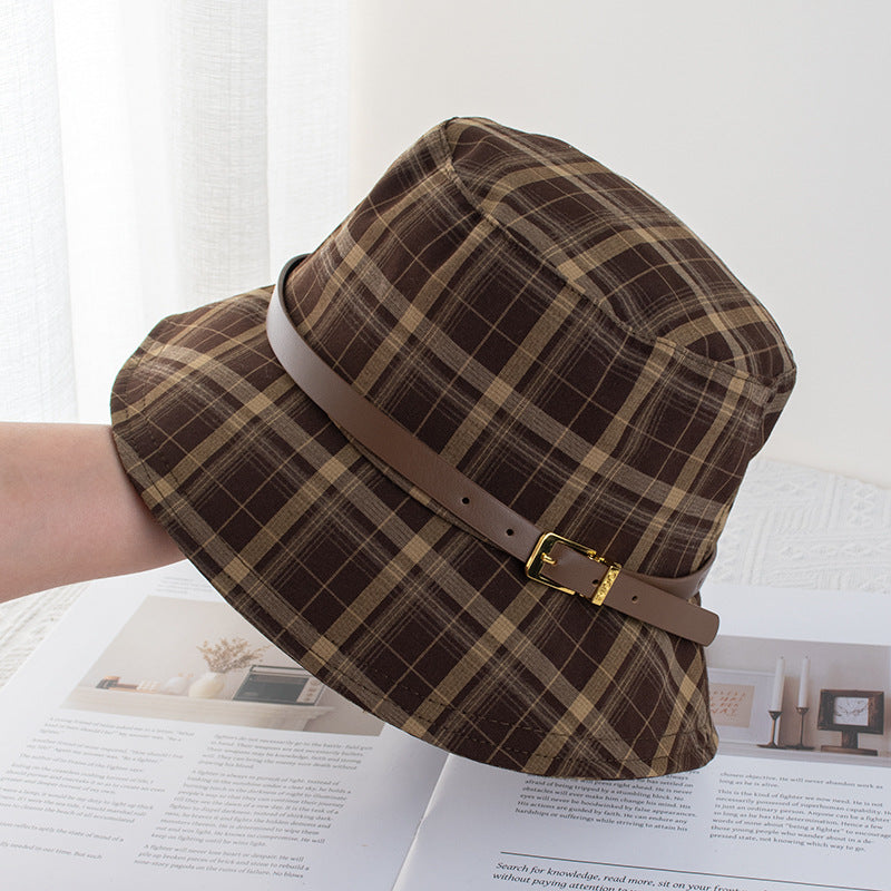 Wholesale British Vintage Plaid Fisherman Hat Children's Belt Buckle Sun Protection Basin Hat Face Showing Small Sun Hat